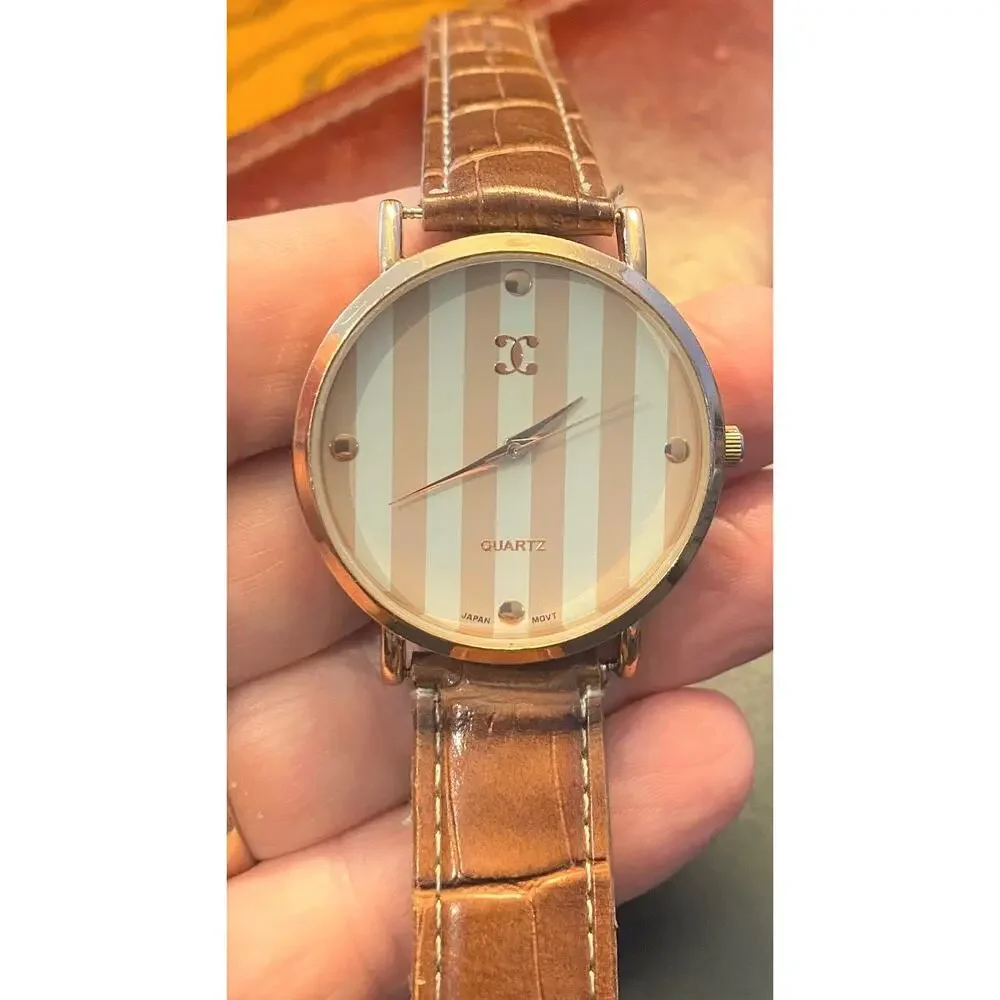 Women's 40mm Gold Tone Charming Charlie Watch, Tan Striped Face